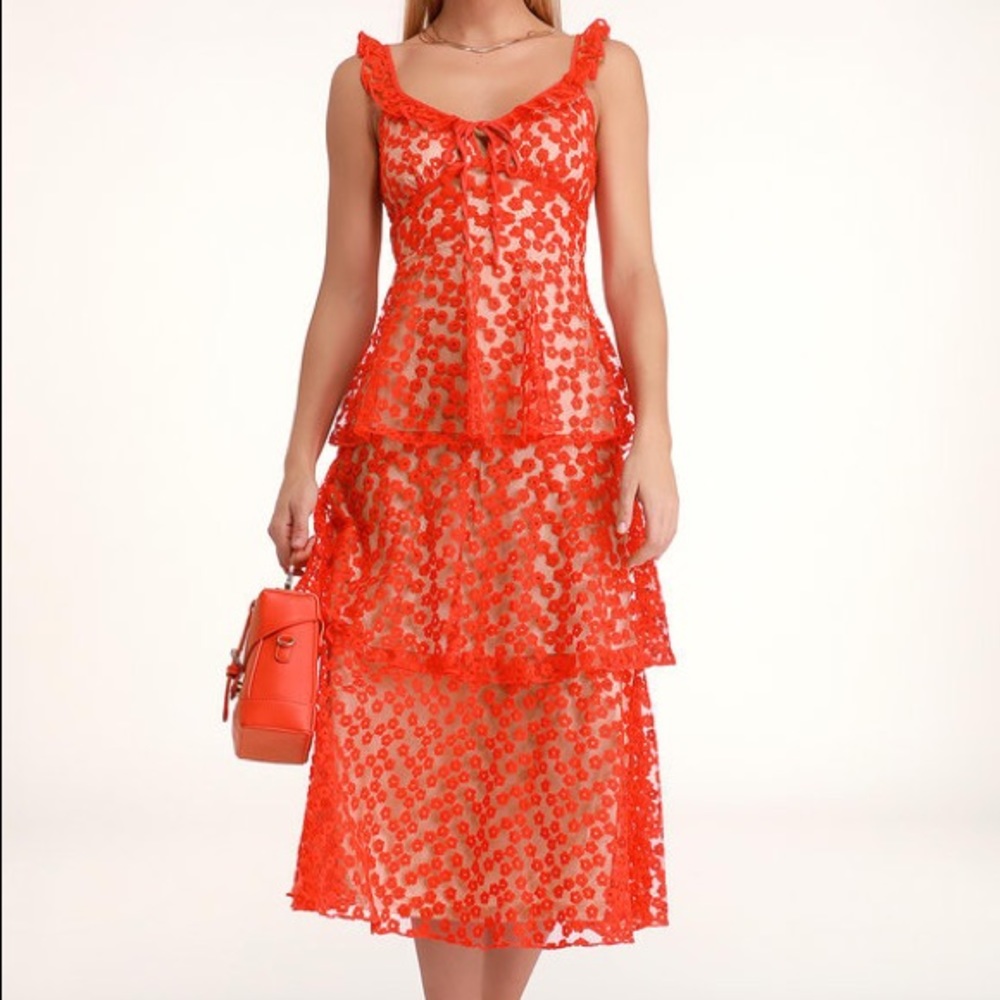 Someday Swoon Coral Red Embroidered Midi Dress